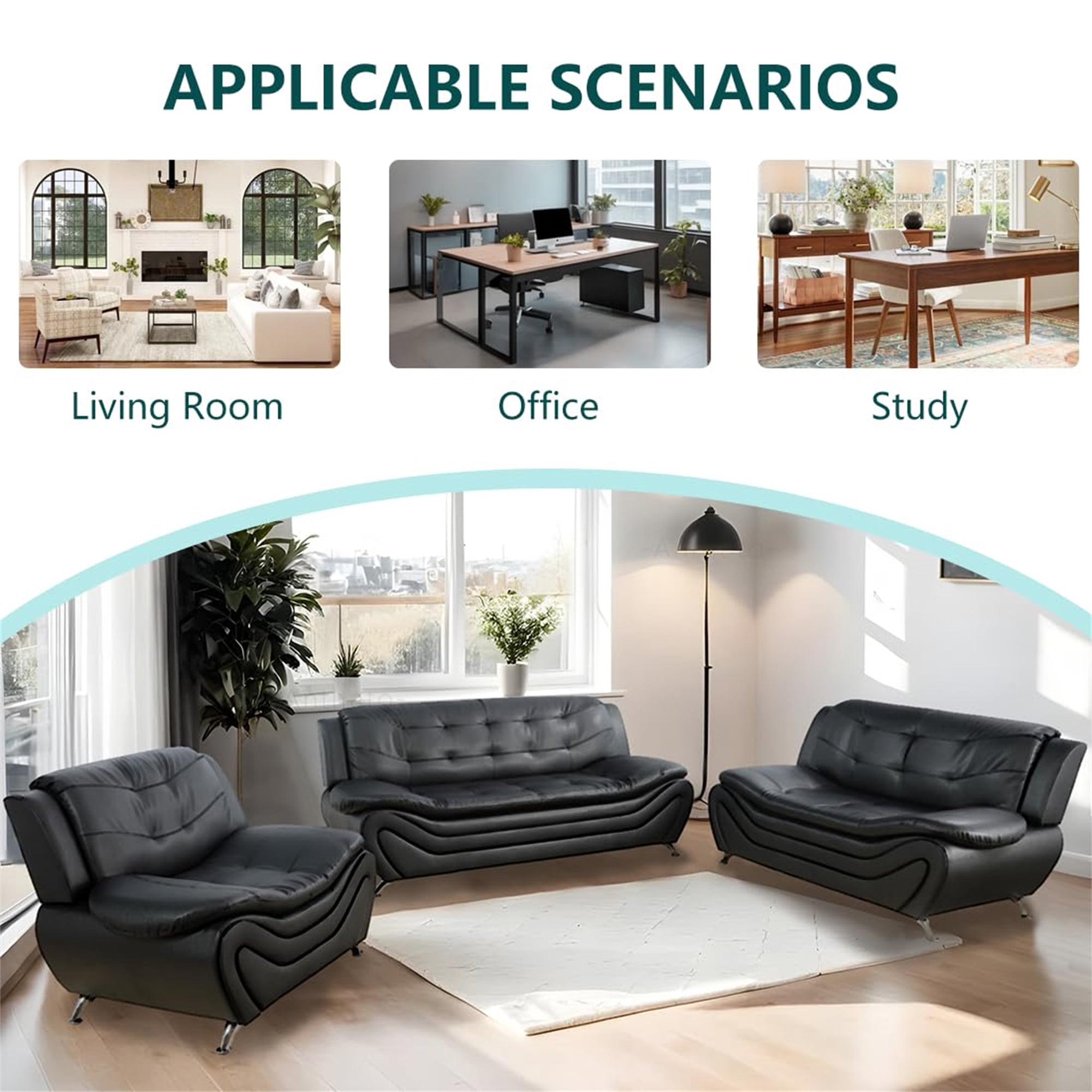 Aukfa 76.5" Upholstered 3 Seat Sofa Couch for Living Room, Leather, Tufted Back, Black