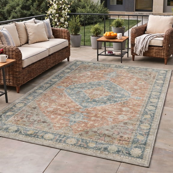 DEORAB Outdoor Rugs 5'X8' Chenille Patio Rug Three-Layer Material Imitation Silicone Spot Molding Camping Outside Mat Pteal