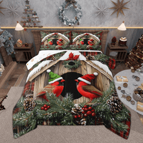 Manfei Xmas Cardinal Bird Queen Comforter Set, Merry Christmas Bedding Sets, Pinecone Leaves Bedding Comforter Set, Luxury Bedroom Decor, Reversible 3 Pieces