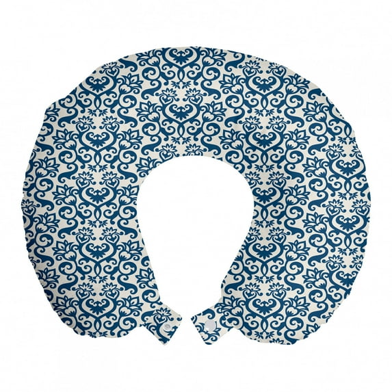Abstract Travel Pillow Neck Rest, Ornamental Floral Pattern Antique Damask Flowers Curvy Repeating Tile Design, Memory Foam Traveling Accessory Airplane and Car, 12", Blue White, by Ambesonne