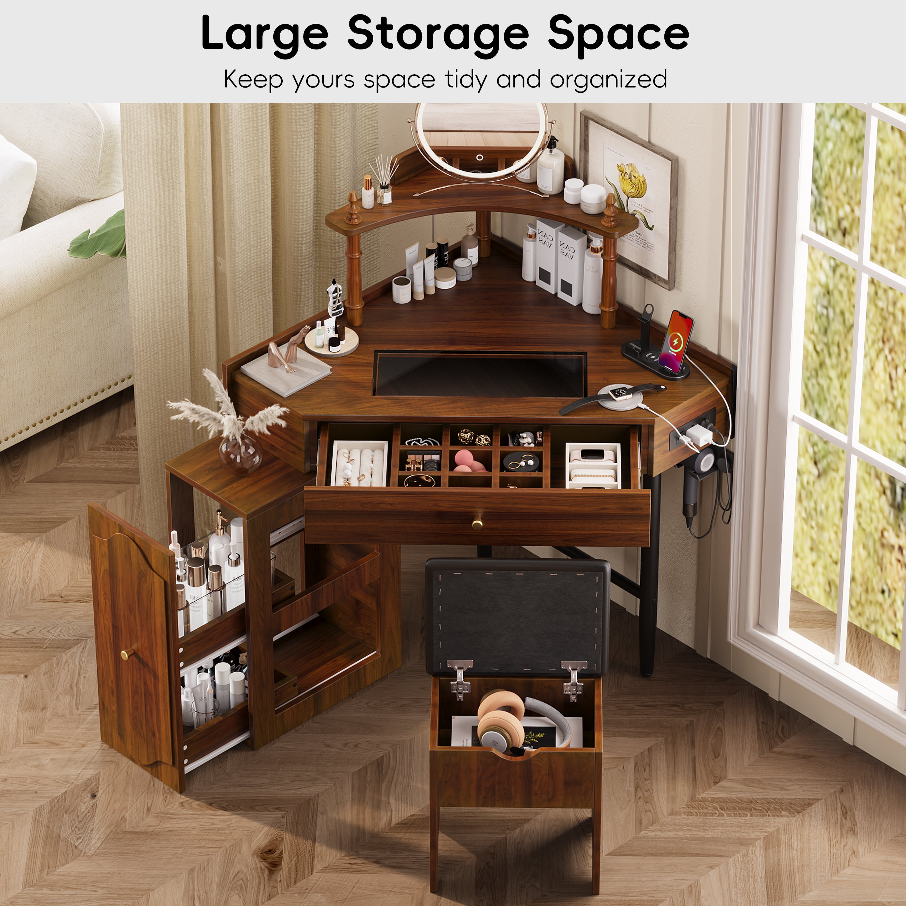 Aukfa Corner Vanity Set with Charging Station, Glass Desk & Removable Organizer Cabinet, Makeup Table with Stool,Walnut