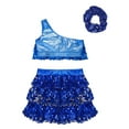 thumbnail image 3 of TiaoBug Kids Girls Sequins Dance Outfits Single Shoulder Crop Top Metallic Layered Skirt with Headwear set Royal Blue 12, 3 of 7