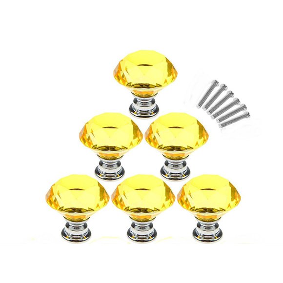 AKOAK 6 Pcs Boutons de Cabinet en Verre Cristal Forme Diamant Jaune 30mm pour Armoire, Tiroir, Commode, Commode, Placard, Etc.