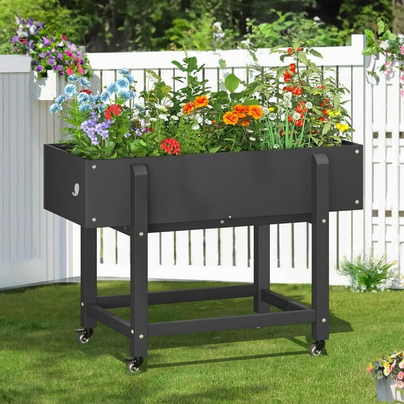 LUE BONA Raised Garden Bed with Wheels, 39.4 * 16.7 * 28 in, Poly Elevated Outdoor Planter Box with Tools, Weather Resistant, Standing Growing Bed Herb Planter for