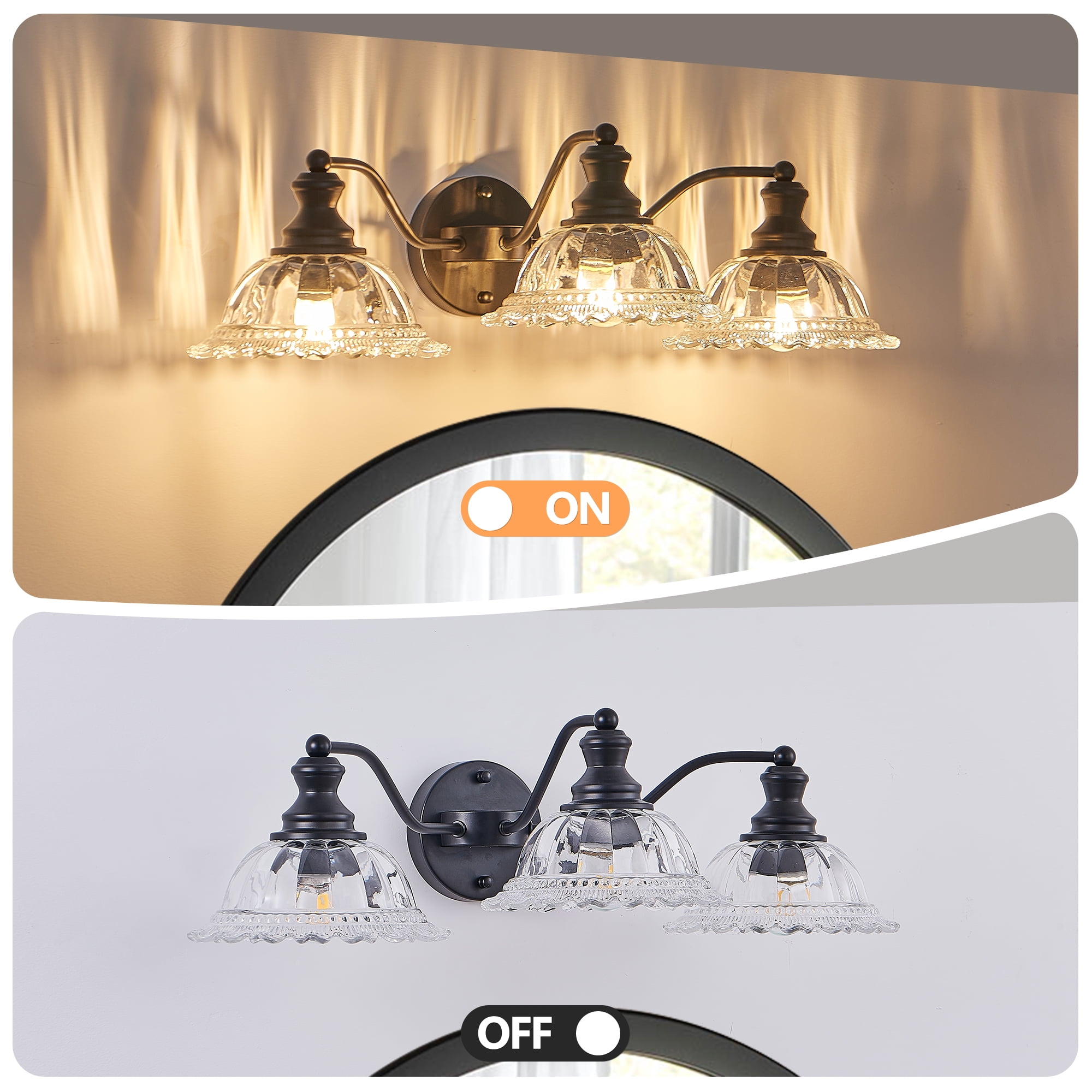 Vintage 3-Light Bathroom Vanity Light, Wall Sconce with Clear Glass Shades, Matte Black Finish Modern, 24-Inch
