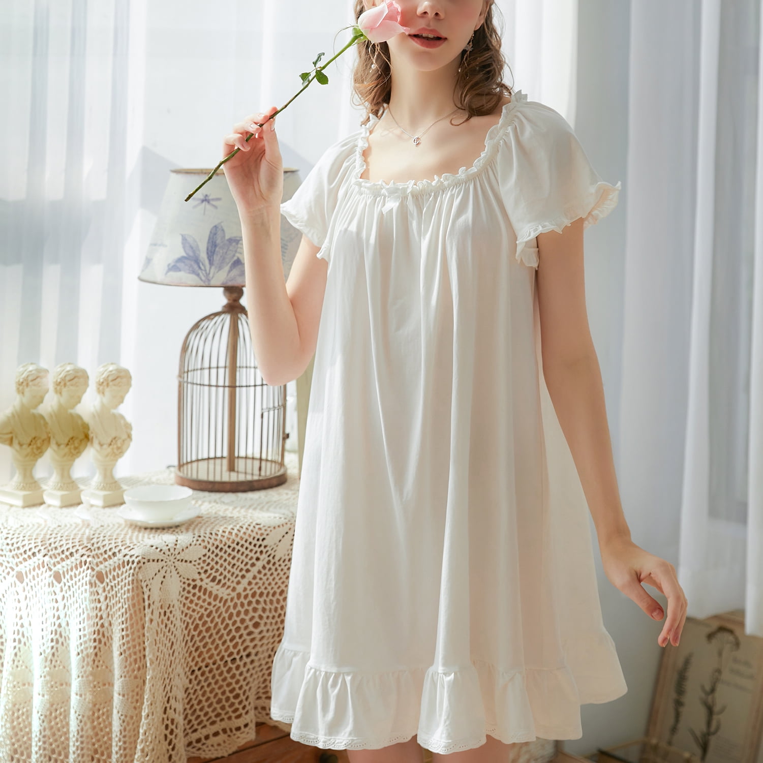 Homgro Women's Cotton Victorian Nightgown Ladies Summer Cute Square Neck Pj  Soft Short Sleeve Pajama Dress Frilly Ruffle Old Fashioned Short Sleep Shirt  Vintage Sleeping Nightshirt White Medium - Walmart.com