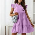 thumbnail image 2 of Fesfesfes Spring Dresses for Women Round Neck Ruffle Short Sleeve Dress Loose Casual Solid Solor Stitching Mini Party Dress, 2 of 6