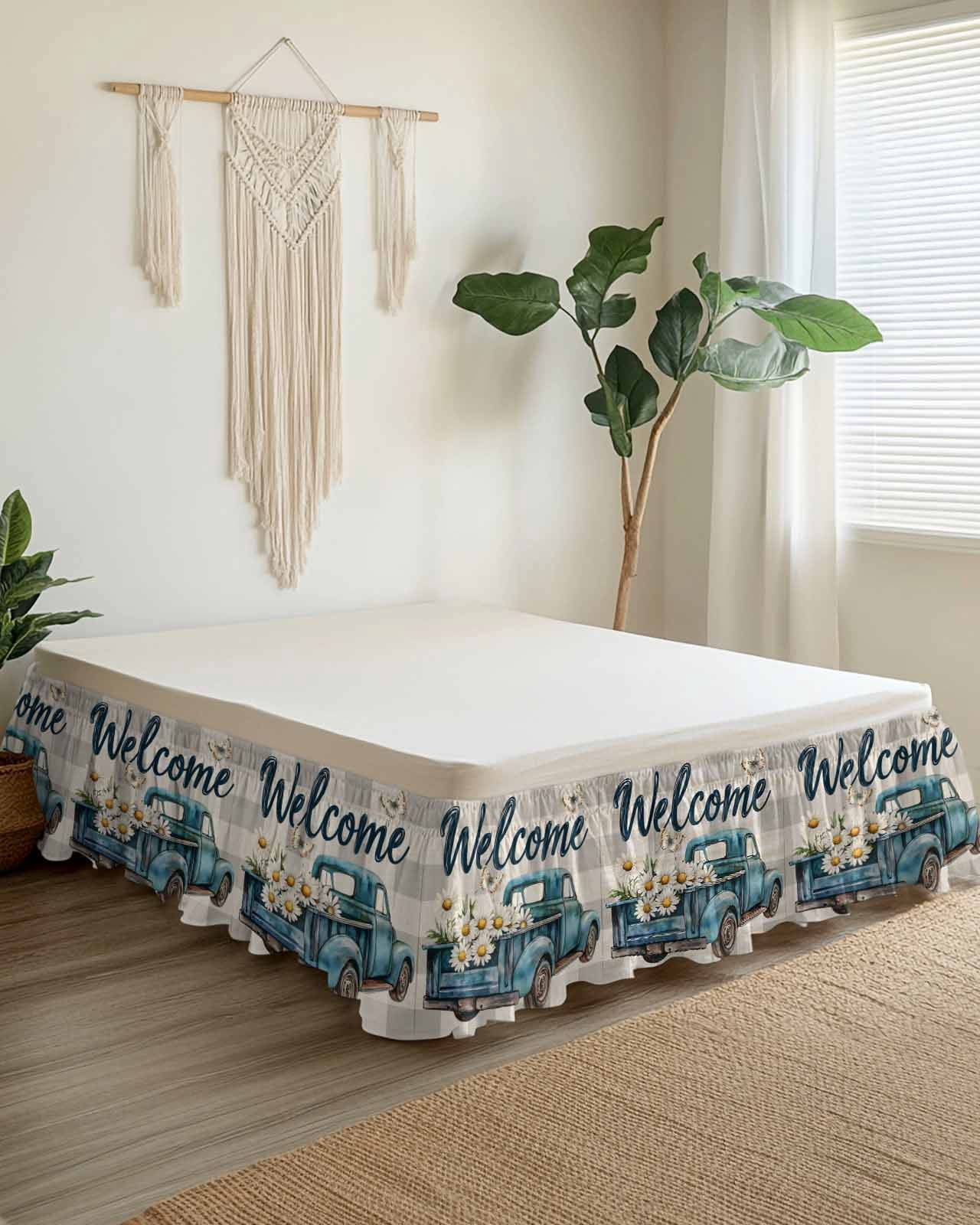 Daisy Butterfly Wrap Around Bed Skirts for Queen Bed 16" Drop,Bed Skirt with Adjustable Elastic Belt Dust Ruffle Bed Valance for Bedroom Hotel Blue Floral Truck Pastoral Grey Check Bed Frame Cover