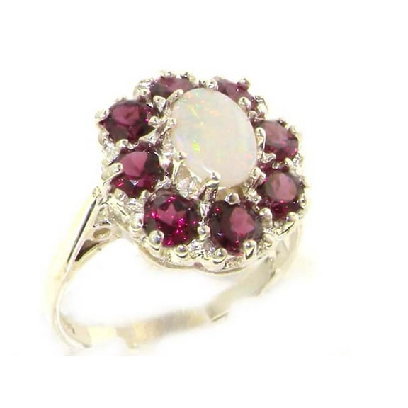 LBG 14k White Gold Real Genuine Opal and Garnet Womens Band Ring - Size 10