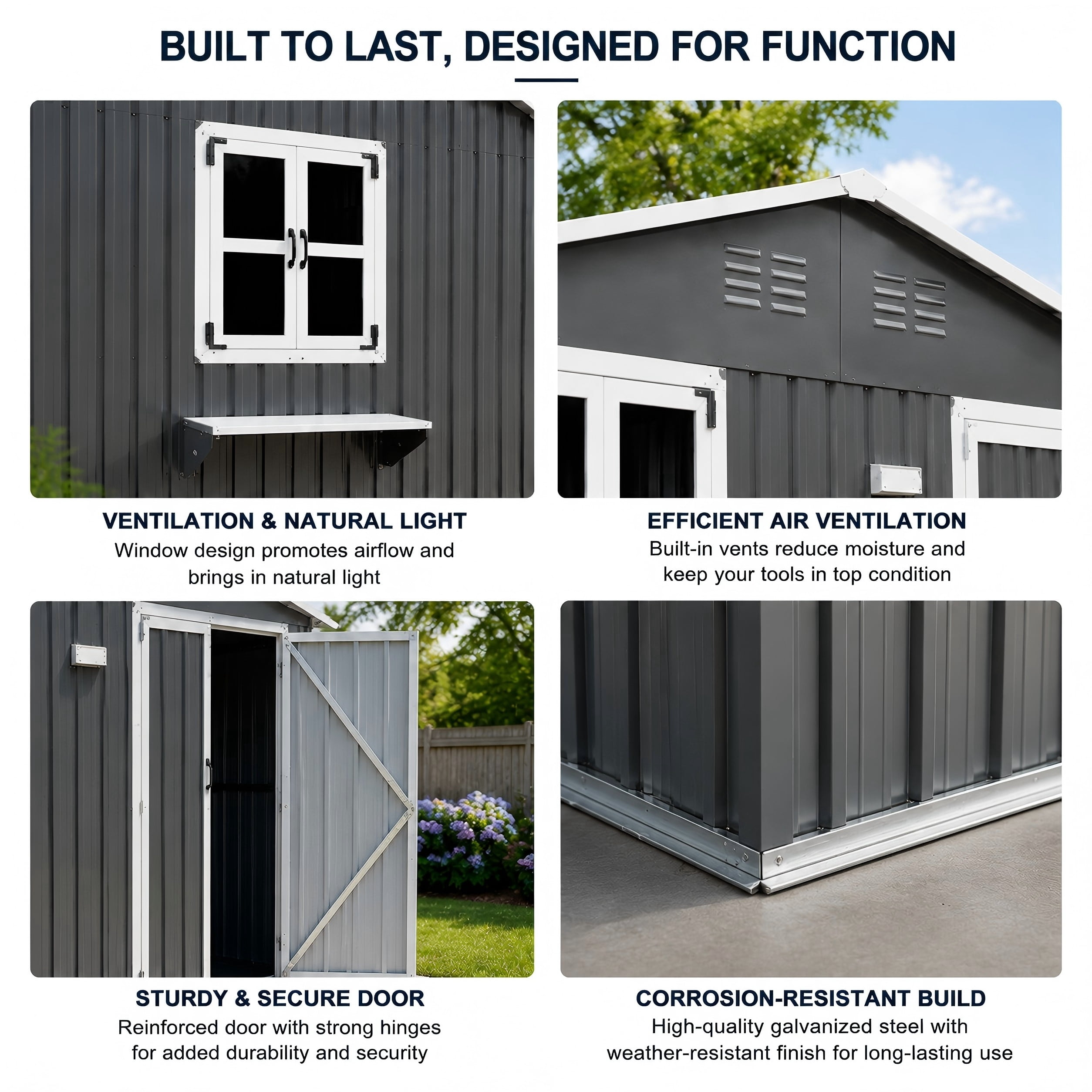 Aukfa 10x8 FT Outdoor Storage Shed with Lockable Doors&Flower Rack, Metal Garden Shed for Bike/Generator/Tool Storage, Coal Gray