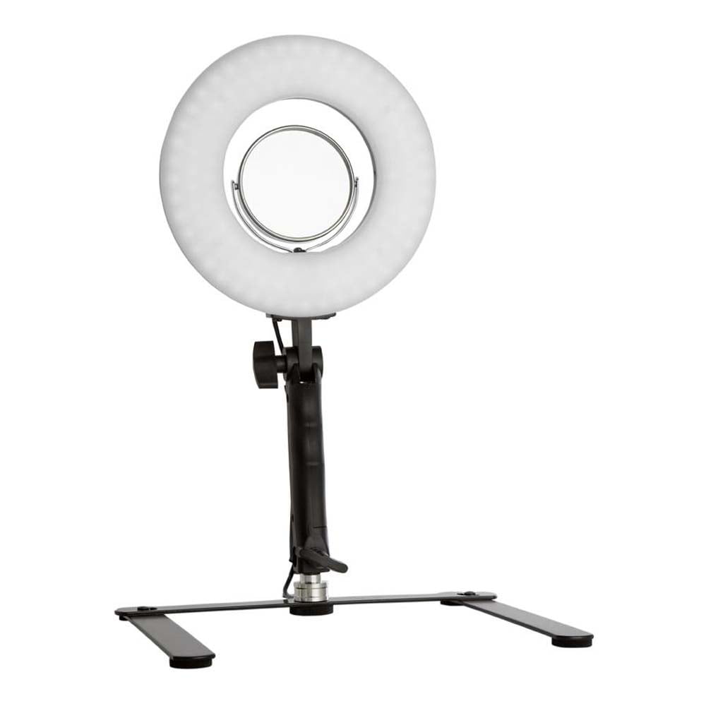Impressions Vanity Desktop Studio Ring Light, Three Sixty Swivel Mirror with Phone Stand (Black)