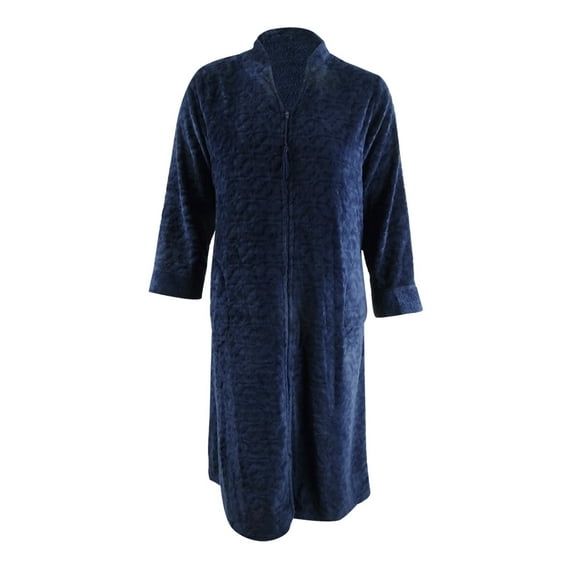 Miss Elaine Women's Jacquard Cuddle Fleece Long Zipper Robe (L, Mid Blue)