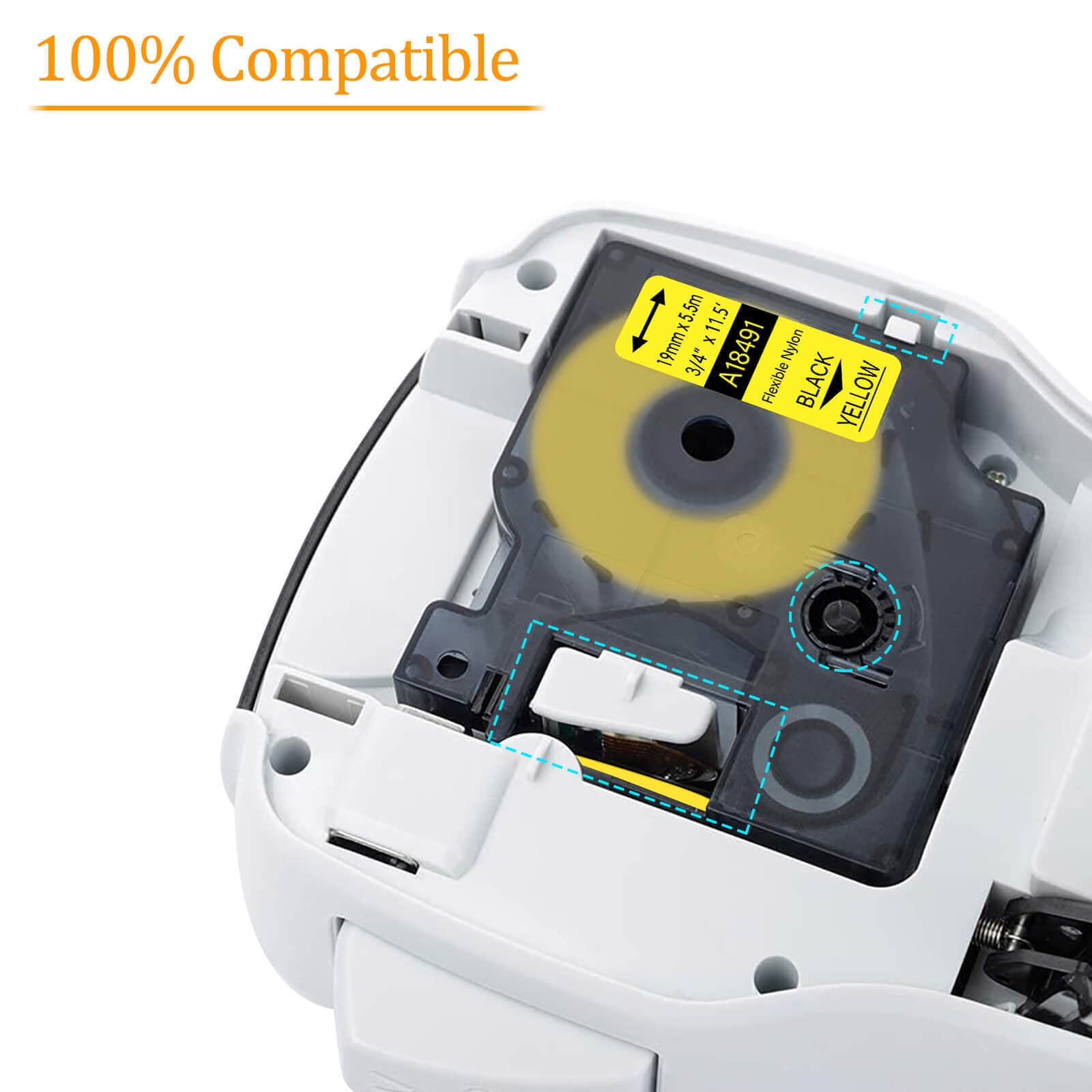 GREENCYCLE 4PK Compatible for DYMO 18491 19mm 3/4" Black on Yellow Industrial Flexible Nylon Label Maker Tape