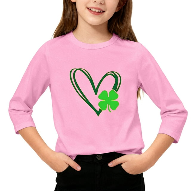 T-Shirt de la Saint-Patrick pour Filles, Mignon T-Shirt Graphique à Manches 3/4 Col Rond avec Imprimé Irlandais, Hauts Décontractés Printemps Été pour Vacances, Fête d'Anniversaire et Usage Quotidien Rose 160