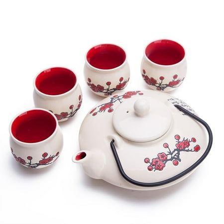 - Contemporary Art Decor Porcelain 5 PCS Tea Set Teapot Teacup Plum Blossom