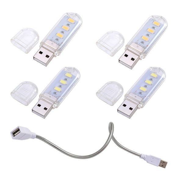 5 luces LED de noche con teclado USB, lámpara de lectura para portátil, minilámpara de mesa portátil (2 de 3 LED con luz blanca, 2 de 3 LED con luz cálida y 1 cable de extensión USB).