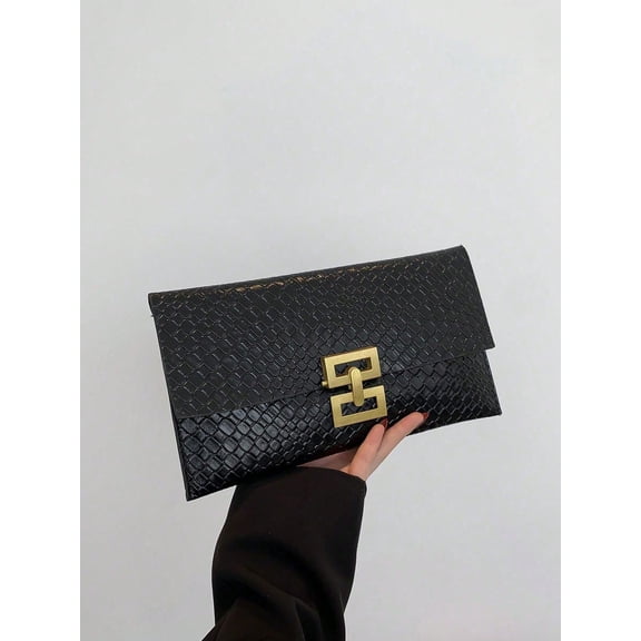Woven Texture Envelope Clutch, PU Leather Evening Bag with Gold Clasp for Party, Black