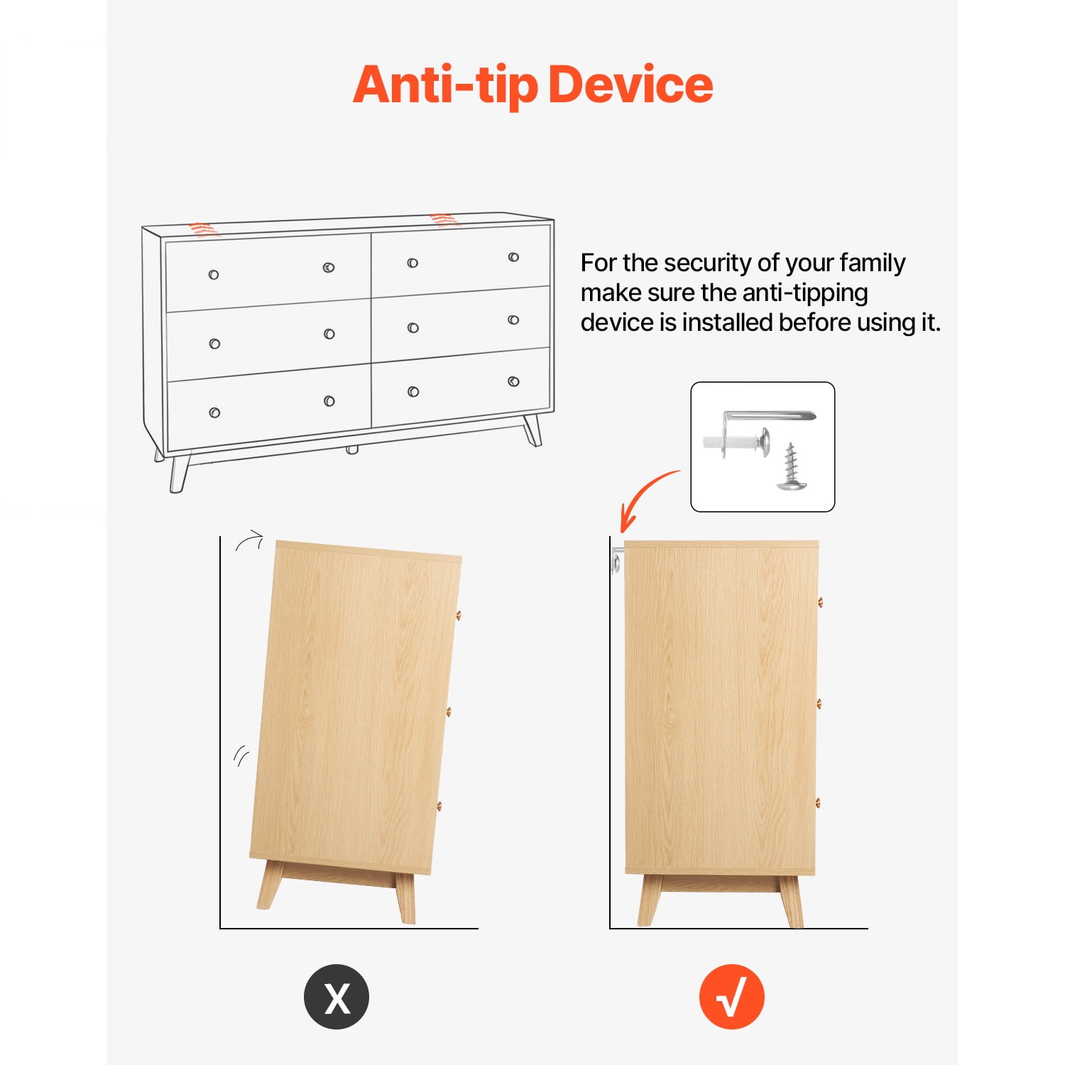 KFFKFF 6 Drawer Wooden Dresser, Chest of Drawers with Sliding Mechanism and Anti-Tip Safety, Modern Minimalist Storage Organizer for Bedroom, Living Room, Hallway, or Entryway, Light Wood Finish