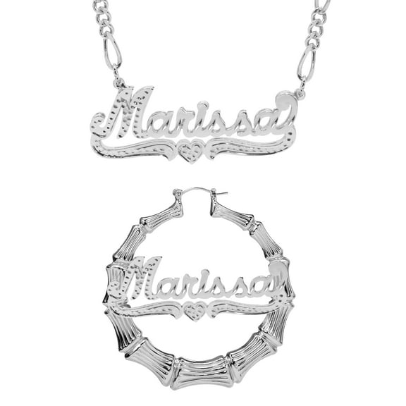Personalized Set of Necklace and Bamboo Earrings. Script Font.