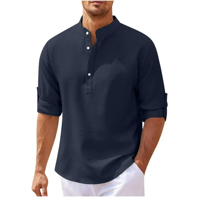 Yuyuzo Plus Size Tops for Men Short Sleeve Button V Neck Loose Casual Solid Color Textured Tunic Tops
