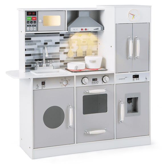 OLAKIDS Kid Kitchen Playset, Pretend Wooden Toddler Kitchen Toy Set with Realistic Light & Sound, Pots & Pan, Microwave, Sink, Children Pretend Cooking Set with Accessories for Ages 3 Boys& Girls