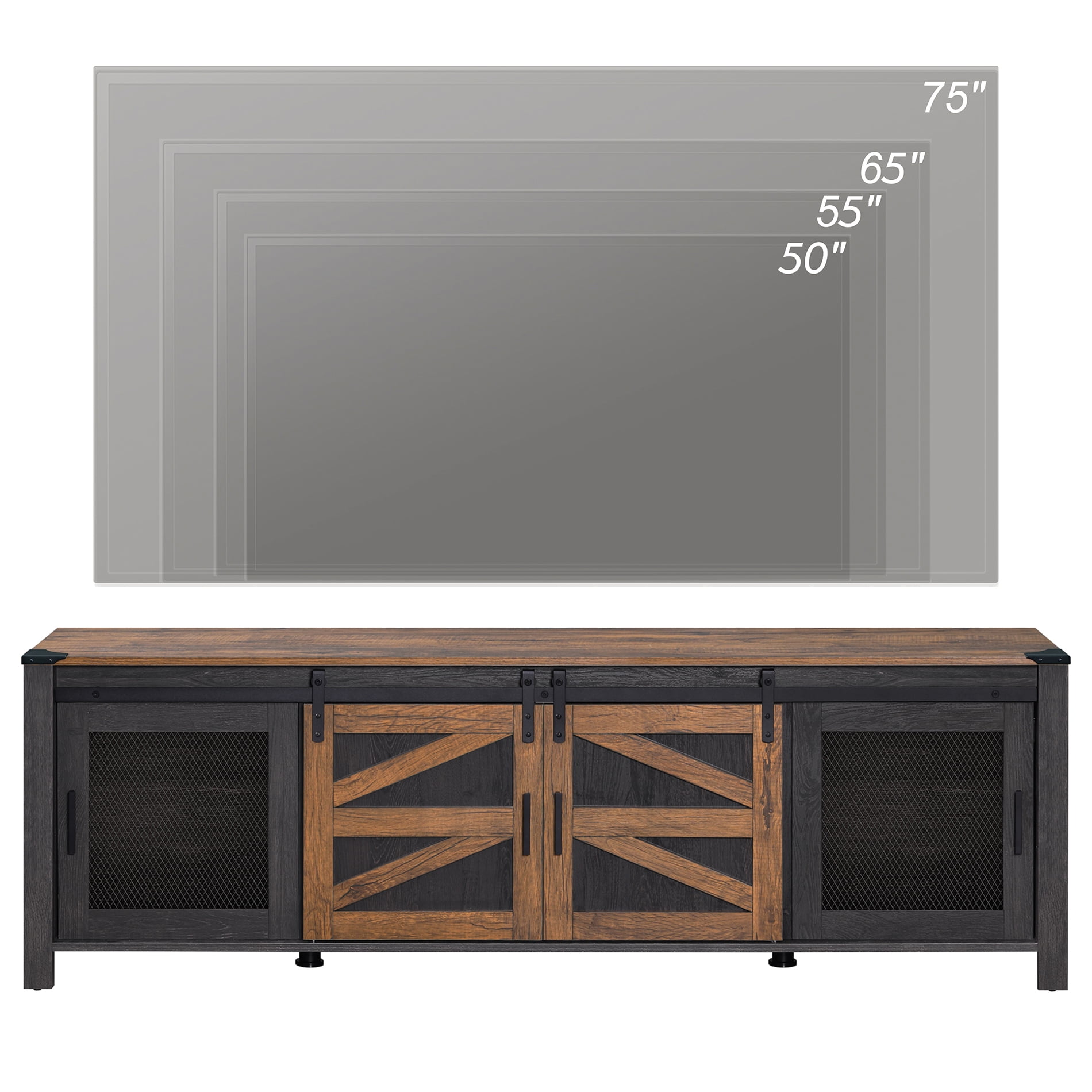 75 Inch Farmhouse TV Stand with Blue Light LED,Antique Black & Brown Entertainment Center Media Storage Cabinet