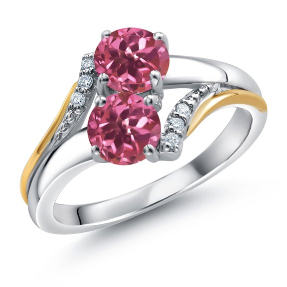 Gem Stone King 10K Yellow Gold and 925 Silver Pink Tourmaline and White Lab Grown Diamond Accent Engagement Ring for Women (1.07 Cttw, Gemstone October Birthstone, Round 5MM, Size 6)