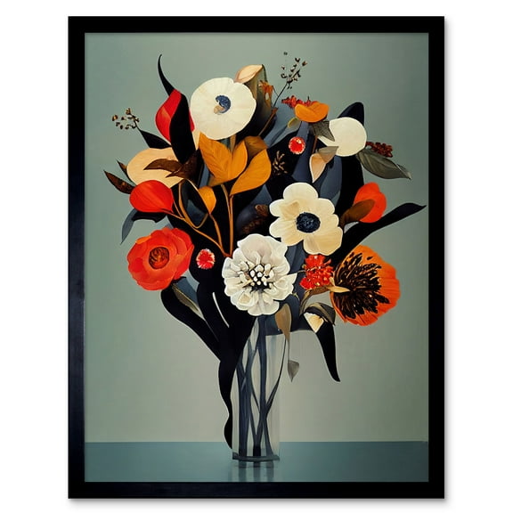Winter Flower Floral Bouquet Orange Navy Cream Modern Acrylic Paint Art Print Framed Poster Wall Decor 12x16 inch