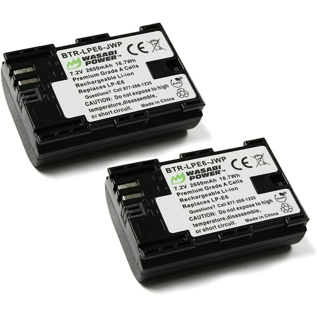 Wasabi Power LP-E6, LP-E6N Battery (2-Pack) for Canon EOS 5D Mark II/III/IV, 5DS, 5DS R, 6D, 6D Mark II, 7D, 7D Mark II, 70D, 80D, 90D, R, R5, R5C, R6, Ra, XC10, XC15, BMPCC 4K, BMPCC 6K