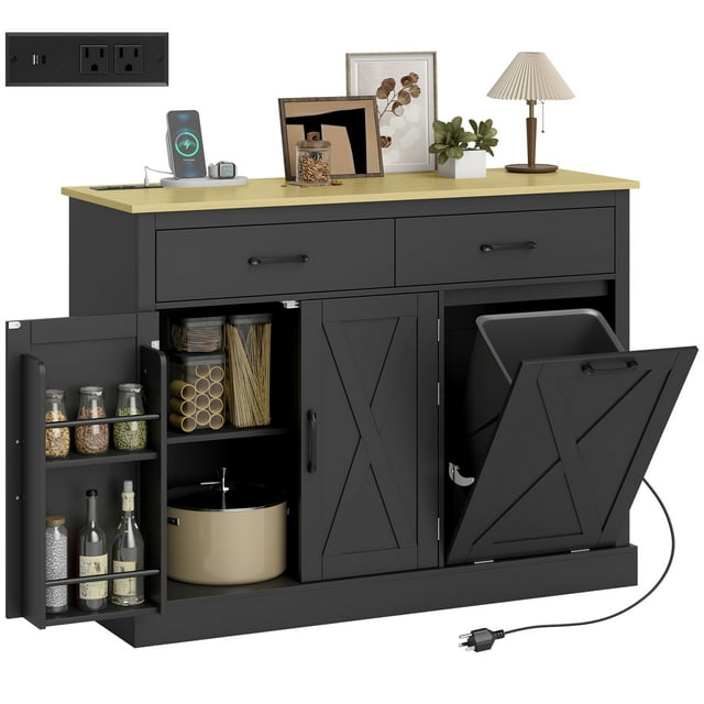 HOMCOM Tilt Out Trash Cabinet with Charging Station, Kitchen Island, Black