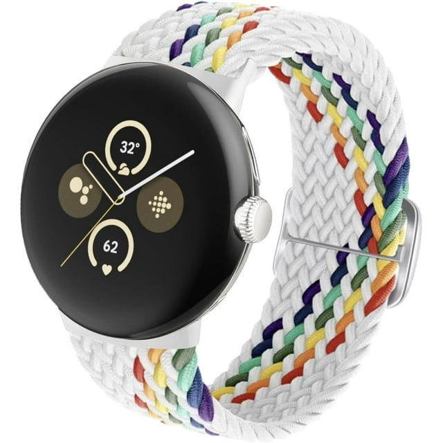 KOMI Bands Compatible with Google Pixel Watch 3 Band 41mm/Pixel Watch 2 Band/Google Pixel Watch Band - Upgraded Connector - Elastic Nylon Breathable Sport Straps for Women Men White Rainbow