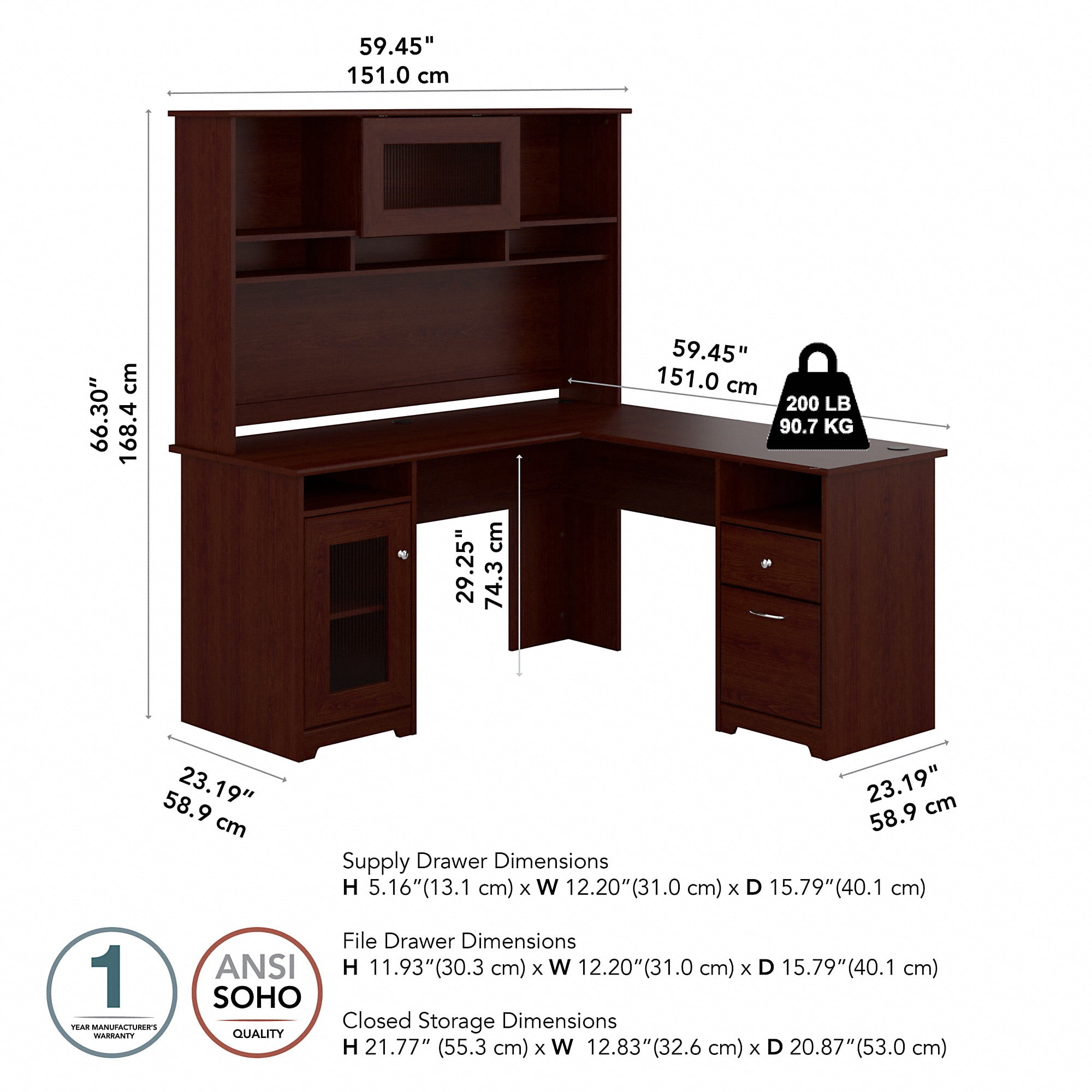 Bush Furniture Cabot 60" L Desk and Hutch with Storage, Harvest Cherry