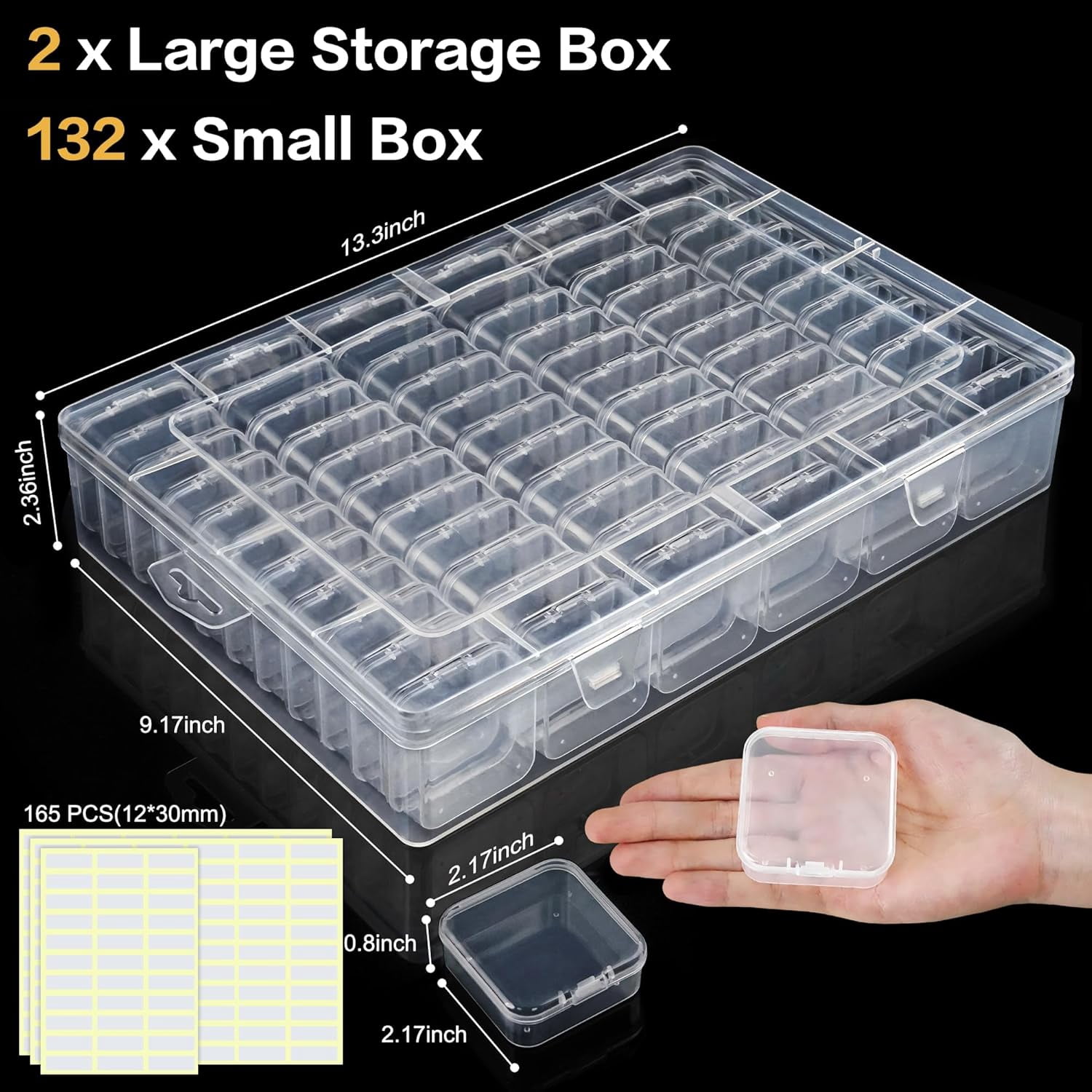 Clear Large Bead Organizer Box, 132Pcs Small Containers with Labels, Mini Craft Storage Case for Jewelry Bracelet Screws Seeds Diamonds Parts