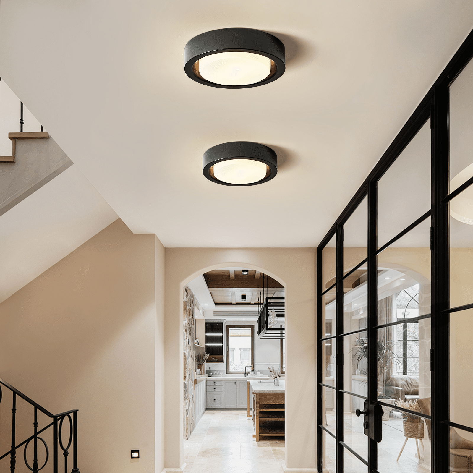 HEYAN 13 Inch Black Flush Mount Ceiling Light Fixtures Modern Round Metal Ceiling Light with White Frosted Glass Shade for Hallway Bedroom Kitchen