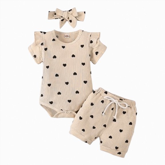 KPOPLK Newborn Baby Girl Clothes Infant 3Pcs Outfits Summer Shorts Set Pattern Ribbed Romper Elastic Waist Shorts Bow Headband(6-9 Months,Beige)