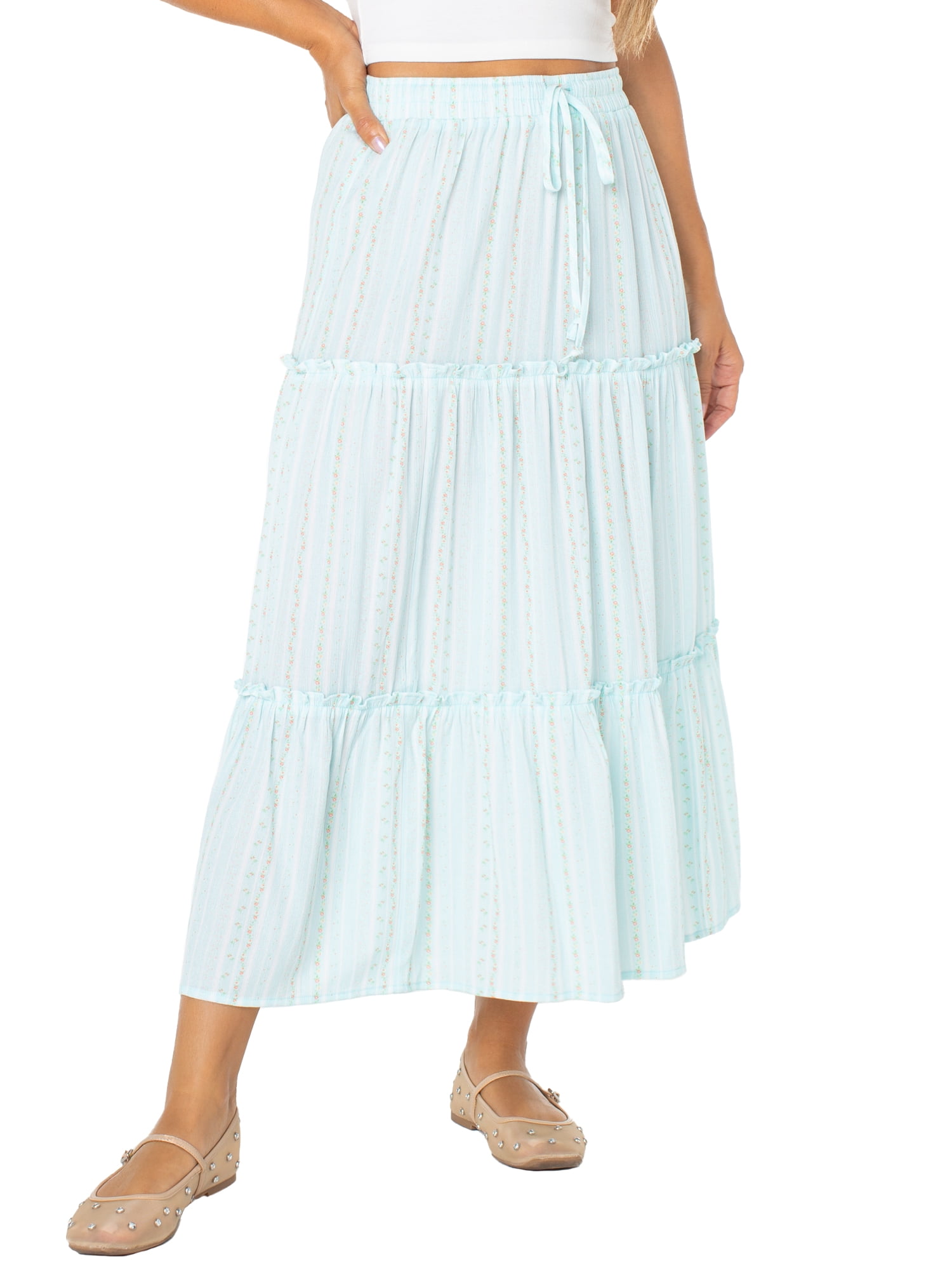 Celebrity Pink Women's and Women's Plus Floral Print Tiered Maxi Skirt, Sizes XS-4X