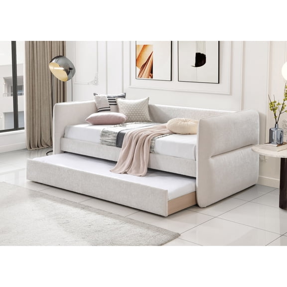 Miekor Furniture Luxurious 1pc Modern Daybed Pull Out Trundle Button Tufted Nailhead Trim Bedroom Living Room Furniture Oatmeal Finish 61457
