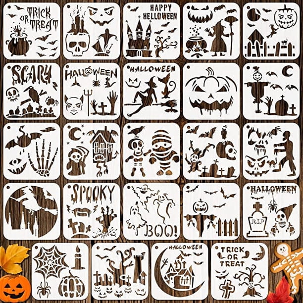 Plantilla de dibujo de plantillas de pintura de Halloween, 24 plantillas de pintura de Halloween, plantillas de expresión de bricolaje reutilizables, decoración de moldes de pulverización de arte para