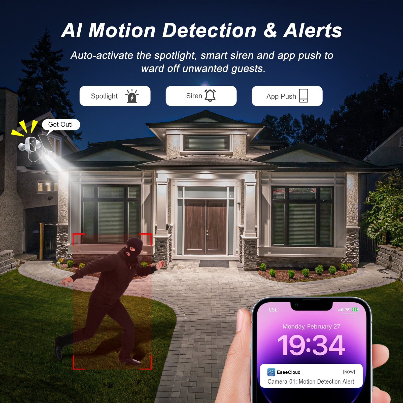 2K Wireless Outdoor Solar Security Camera with Spotlight, Waterproof PIR Detection, 2.4Ghz&5Ghz Wi-Fi, Rechargeable Battery Powered Home Surveillance Camera with Color Night Vision, 2-Way Audio