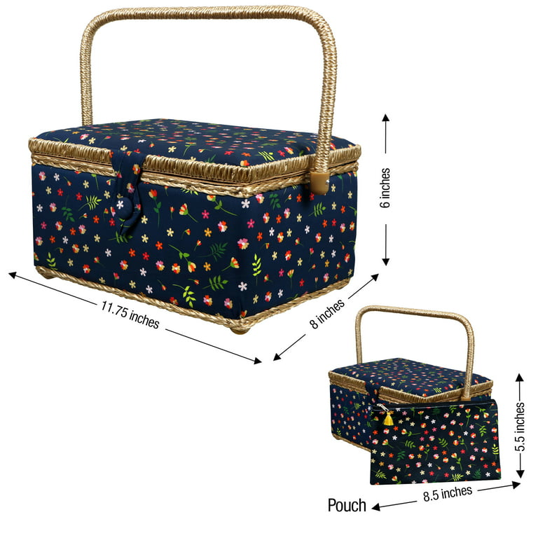 SINGER Large Sewing Basket Dark Teal Polka Dot Print with Matching Zipper  Pouch
