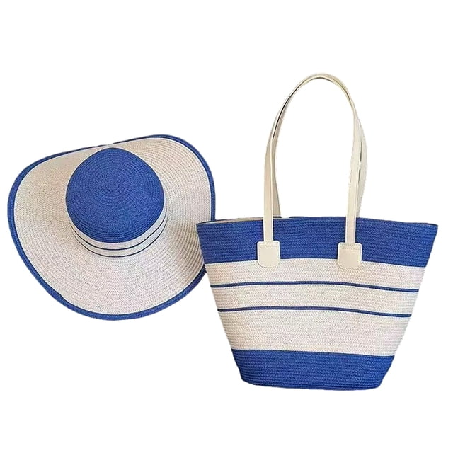 Juego de 2 piezas: Sombrero y bolso de mano con estampado de rayas, sombrero de paja de ala ancha, bolso de mano de ratán hecho a mano, sombrero de playa de verano, bolso de picnic.