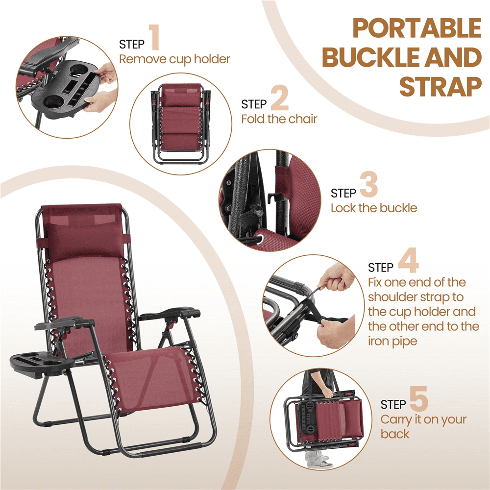 Alden Design 2pcs 26in Foldable Outdoor Zero Gravity Chair with Cupholder/Pillow, Burgundy