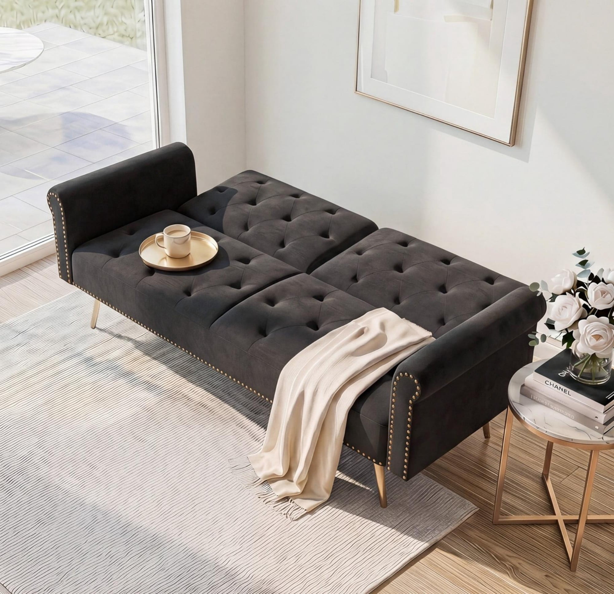 Leumius 70" Loveseat Sofa,Convertible Futon Sofa Bed Velvet Sleeper Sofa Bed with Throw Pillow & Gold Metal Legs,2-Seat Loveseat for Living Room,Bedroom,Office,Black