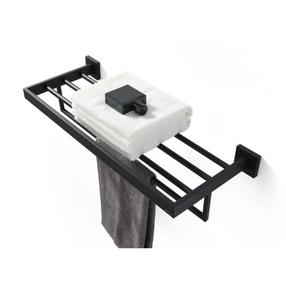 BUVELOT Towel Rack, Towel Shelf for Bathroom, Square Modern Hotel Style Towel Rack with Shelf, 24Inch, Matte Black, Wall Mounted, No Assembly, 071100-MB Les Series