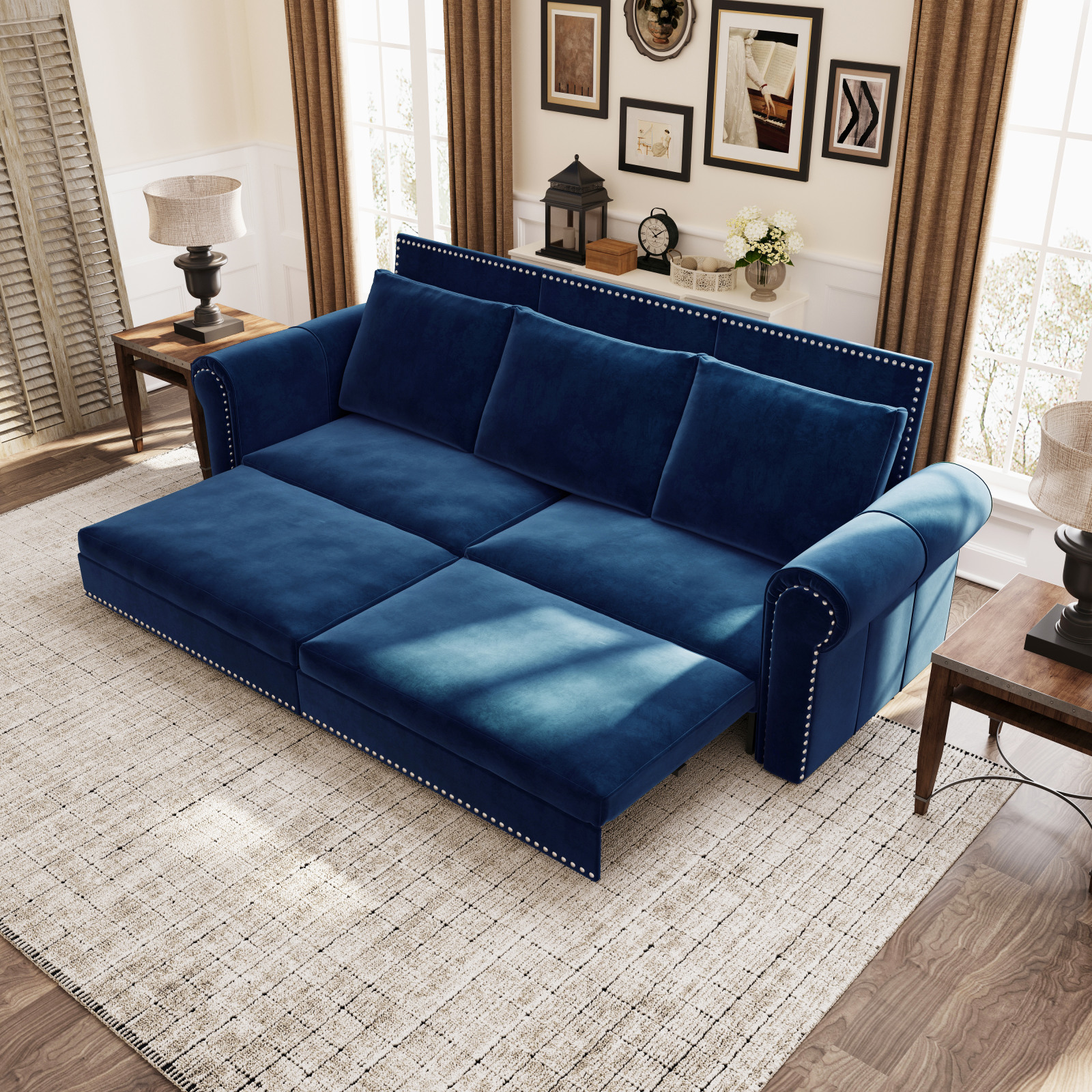 Luxurious 94" King Pull Out Sofa Bed, 3-in-1 Velvet Convertible Sleeper Sofa with Nailhead Trim, Rolled Arm & Deep Seat for Living Room, Blue