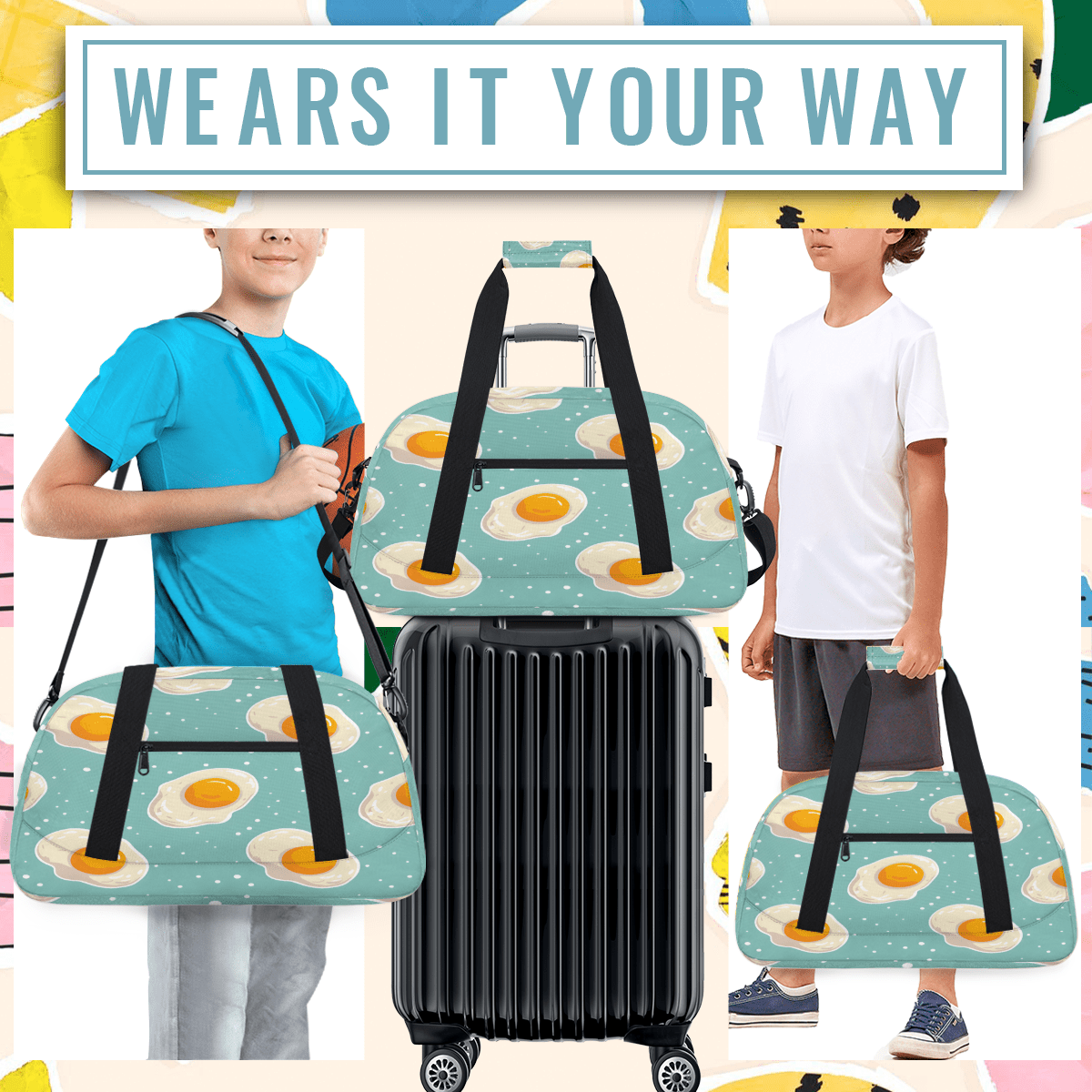 Herdesigns Cute Sports Duffle Bag for Women & Men, Eggs Gym Bag Dance Bag Overnight Bag Carry On Weekender Travel Bag