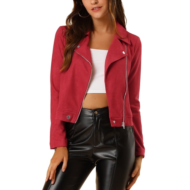 INSPIRE CHIC Veste de Moto pour Femme en Faux Suède Couleur Unie Veste à Fermeture Éclair Asymétrique 2TG Rouge