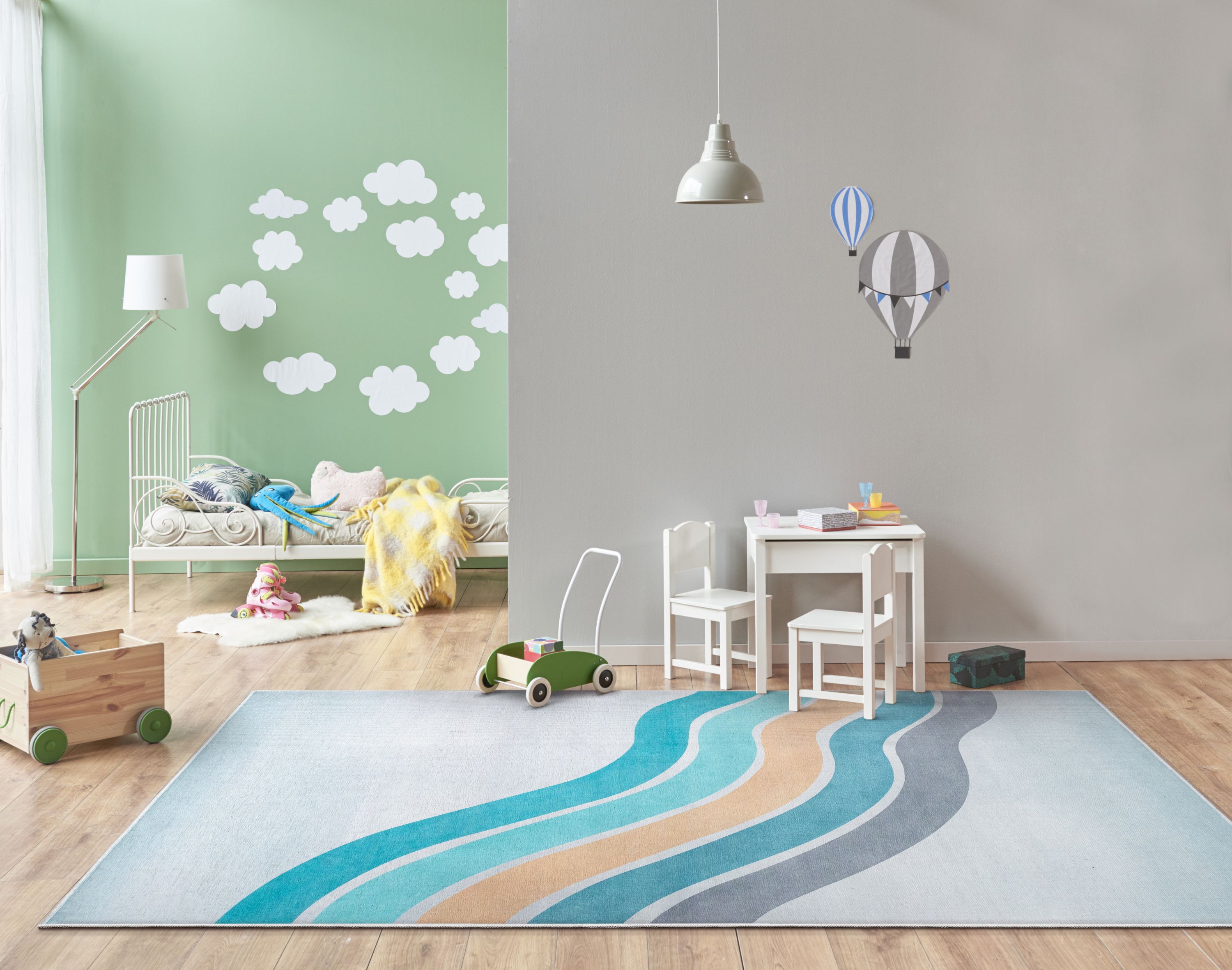Well Woven Kids Rugs Curved Rainbow Modern Multi Color Printed Distressed Machine Washable 5' x 7' Area Rug