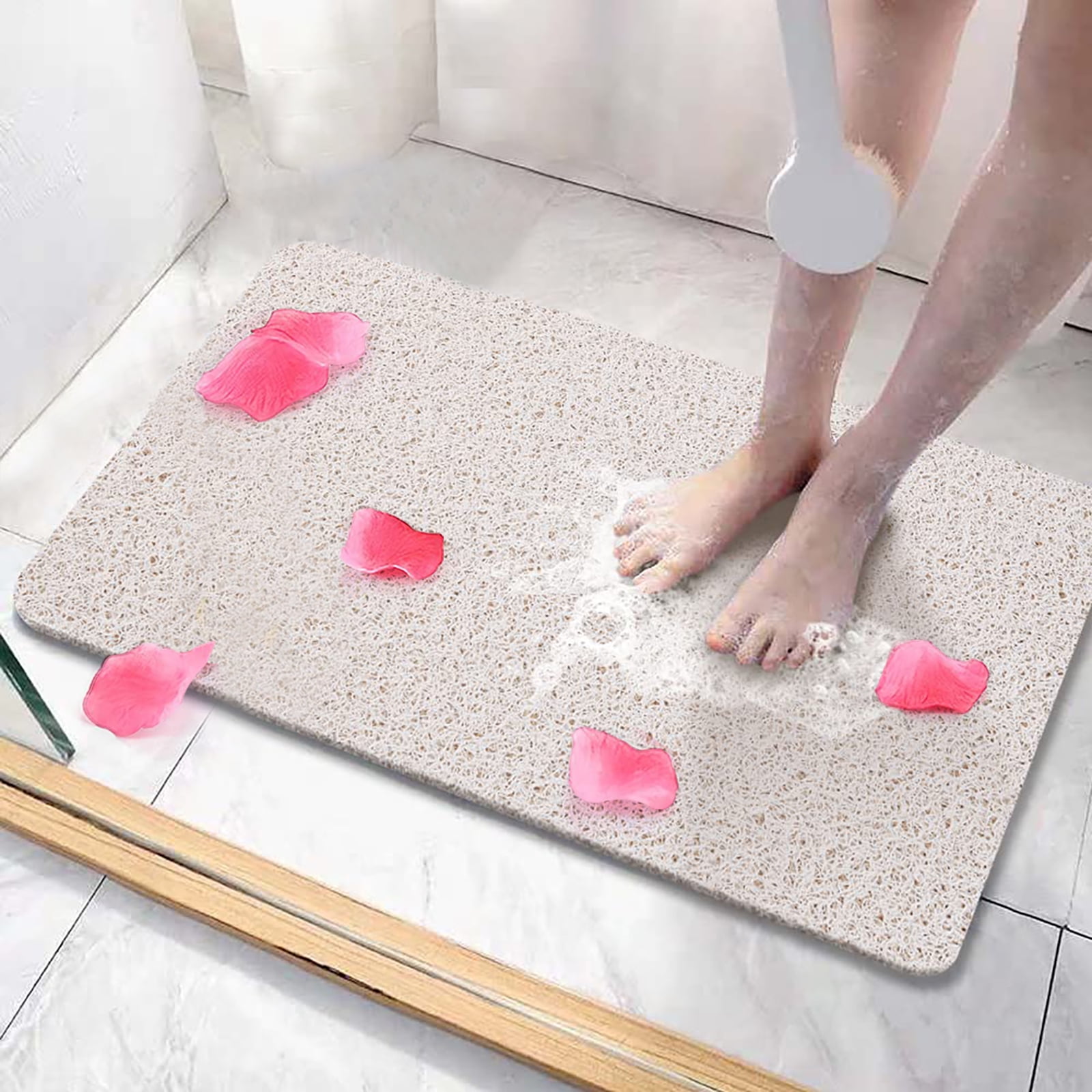 Semfri Non-Slip Bath Tub Shower Mat 16x31.5 inch Soft Rubber Bathroom Bathmat with Strong Suction Cups Comfort on Feet Beige, Size: 16 x 31.5