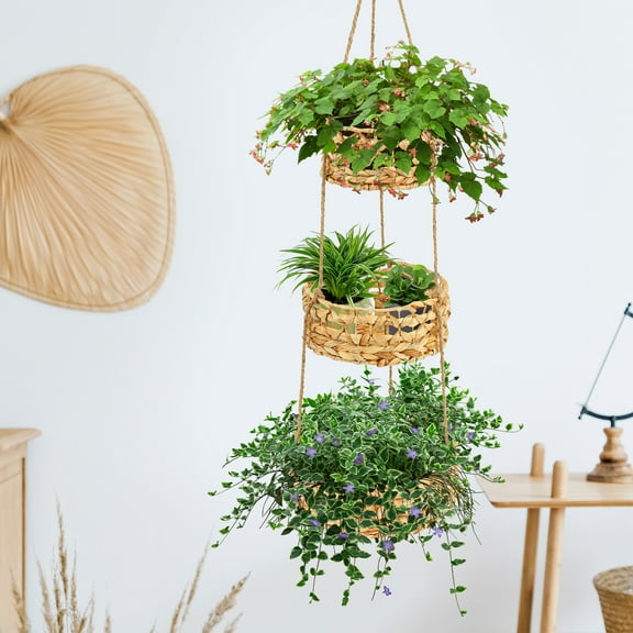 Tcwhniev 3 Tier Hanging Fruit Basket Woven Wall Hanging Basket with Hook Decorative Vegetables Storage Plant Holder for Kitchen Farmhouse Wall